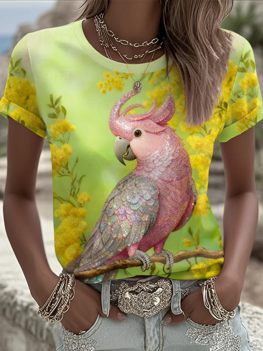 Women's Pink Parrot Art Printed T-shirt