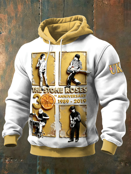 Men's British The Stone Rose Print Patchwork Hooded Sweatshirt