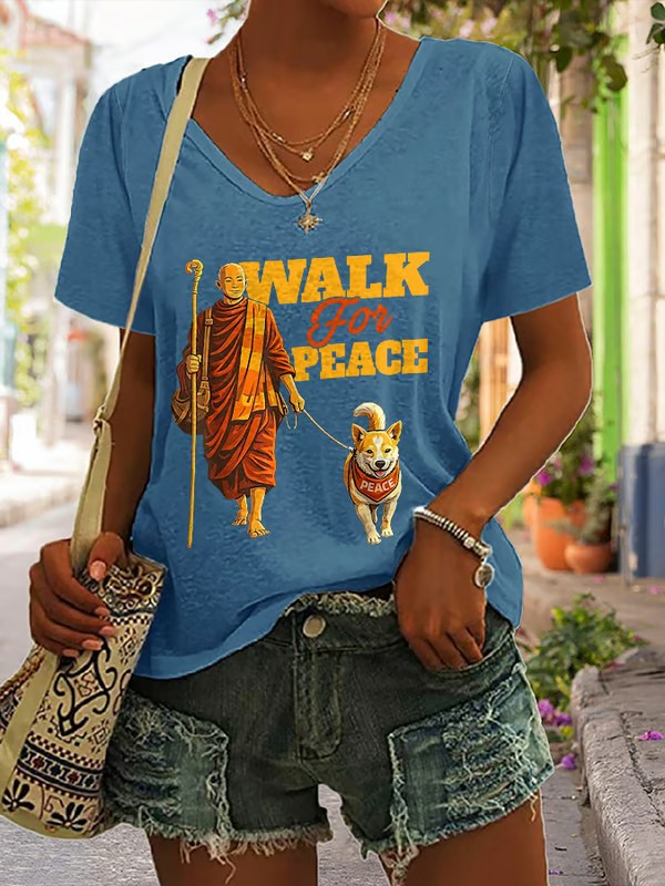 Women's Walk For Peace Monks With Aloka Dog Printed V-neck T-shirt