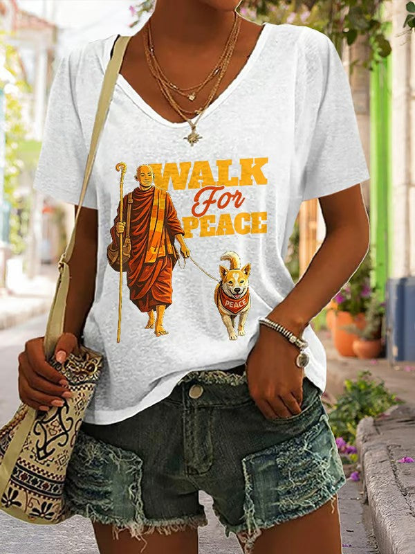 Women's Walk For Peace Monks With Aloka Dog Printed V-neck T-shirt