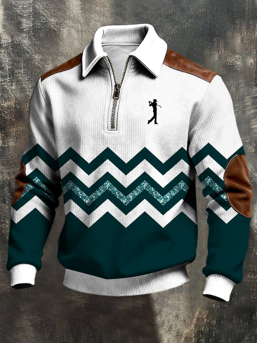 Men's Business Style Printed Half Zipper Lapel Long Sleeved Sweatshirt