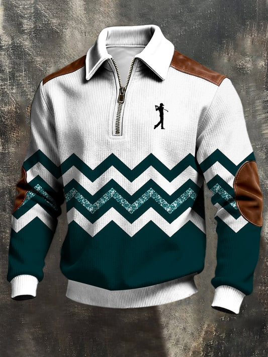 Men's Business Style Printed Half Zipper Lapel Long Sleeved Sweatshirt