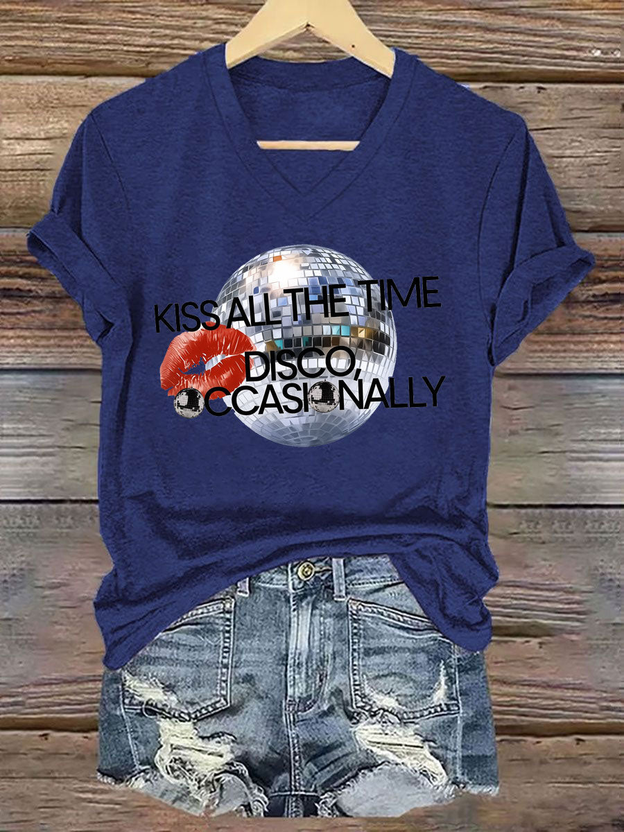 Women's Kiss All The Time Disco Occasionally Printed Iron On Short Sleeve T-Shirt