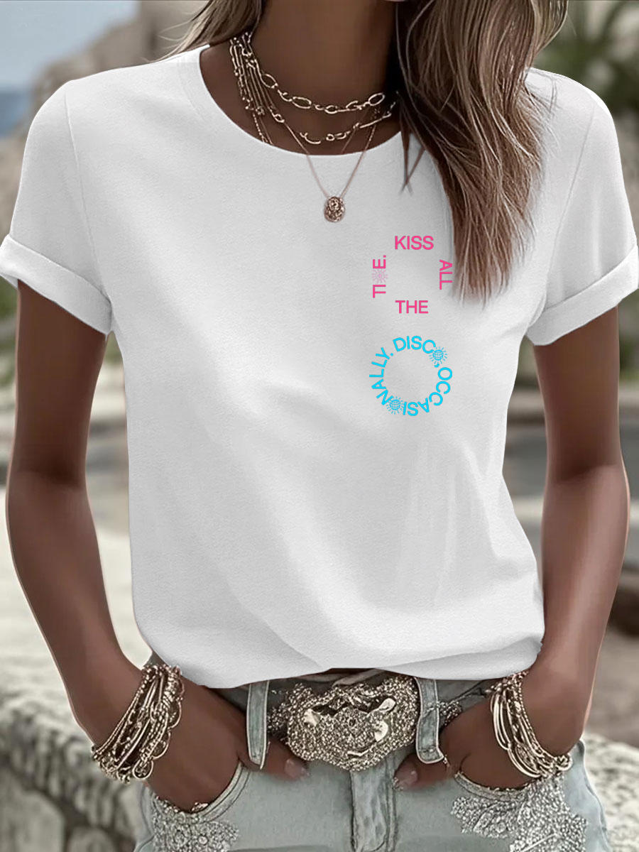 Women's Kiss All The Time Disco Occasionally Printed Iron On Short Sleeve T-Shirt