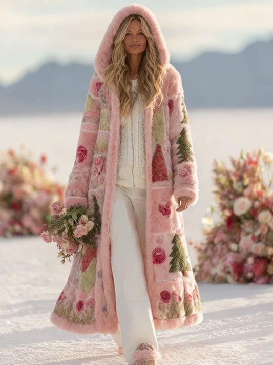 Women's Patchwork Floral Print Plush Hooded Coat