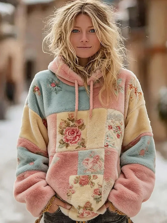 Women's Retro Bohemian Floral Pattern Plush Flannel Hoodie