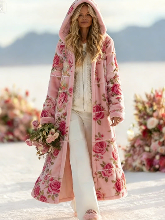 Women's Patchwork Floral Print Plush Hooded Coat