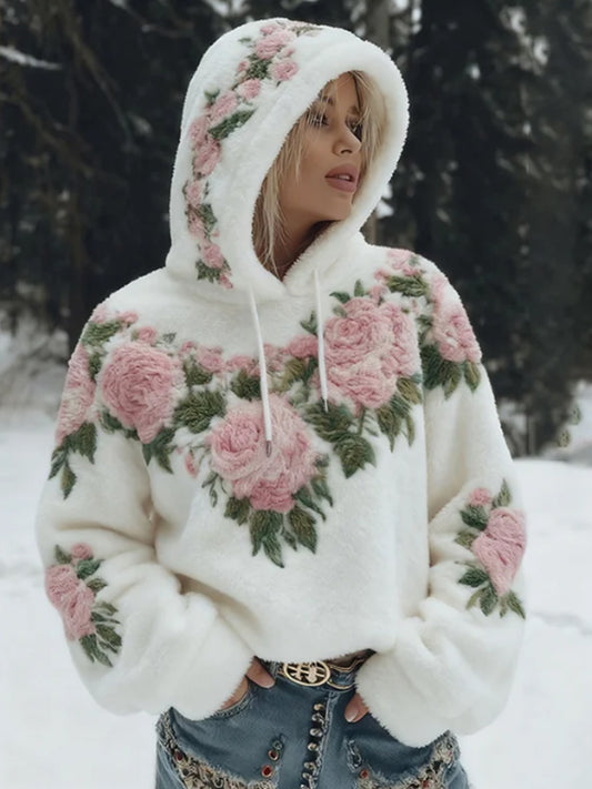 Women's Boho Pink Rose Floral Art Flannel Hoodie