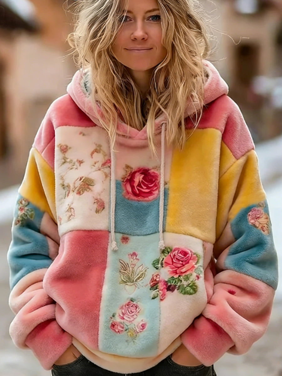 Women's Retro Bohemian Floral Pattern Flannel Hoodie