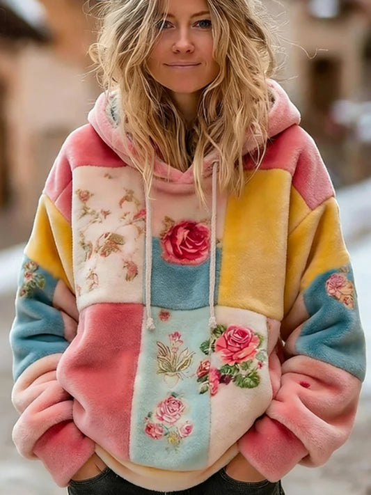 Women's Retro Bohemian Floral Pattern Flannel Hoodie