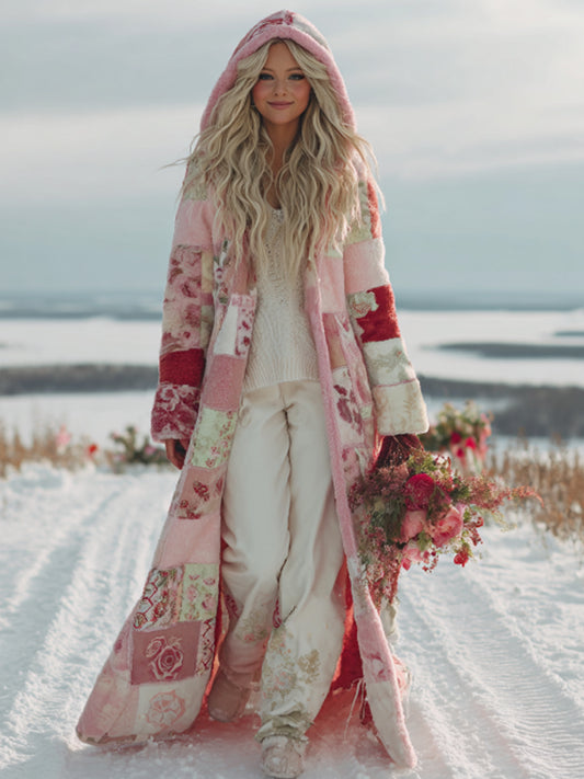 Women's Patchwork Floral Print Plush Hooded Coat