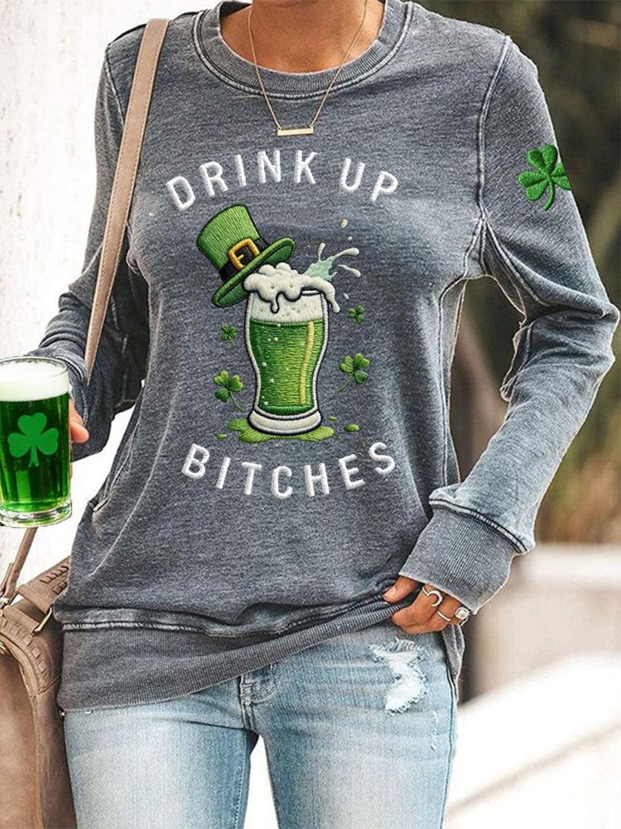 Women's  Funny St. Patrick's Day Drink Up Bitches Green Beer Shamrock Print Casual Sweatshirt