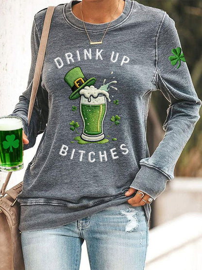 Women's  Funny St. Patrick's Day Drink Up Bitches Green Beer Shamrock Print Casual Sweatshirt
