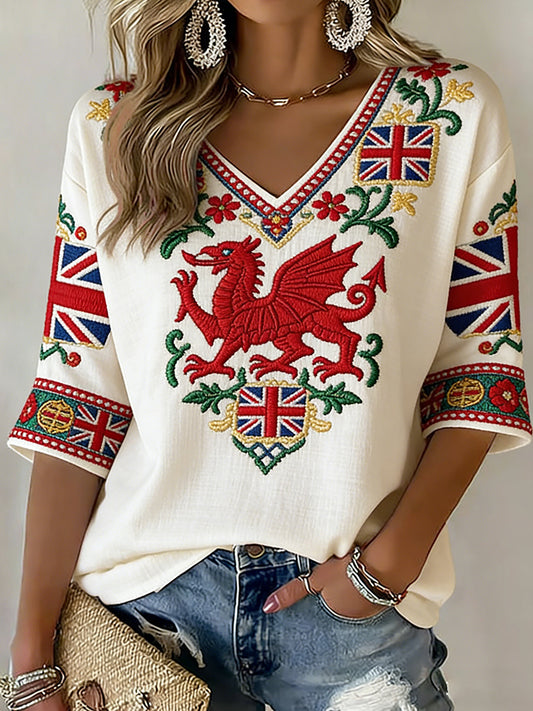 Women's Retro Welsh Rugby Fan Printed Casual Top