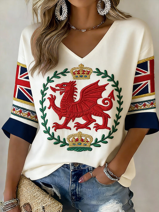 Women's Retro Welsh Rugby Fan Printed Casual Top