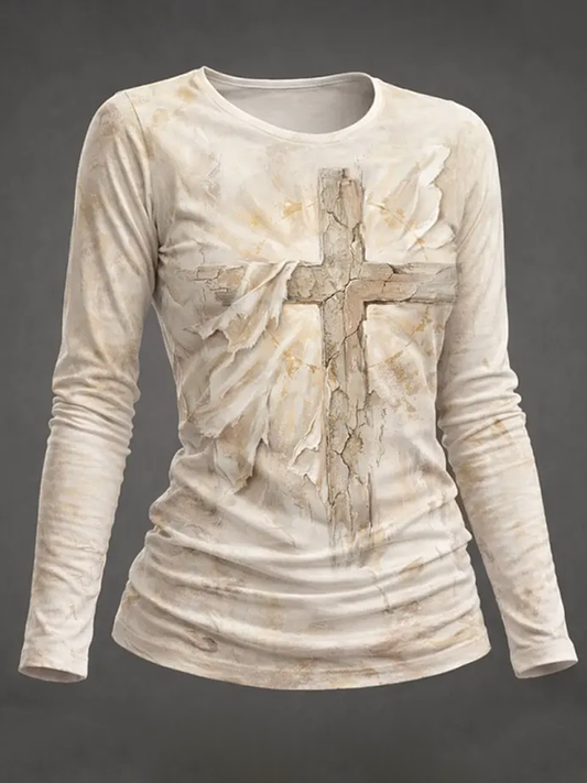 Women's Faith Cross Print Round neck long sleeve T-shirt