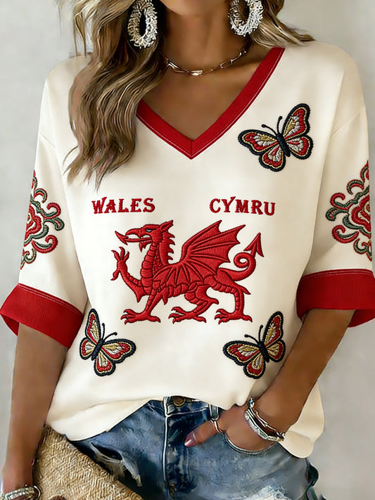 Women's Retro Welsh Rugby Fan Printed Casual Top