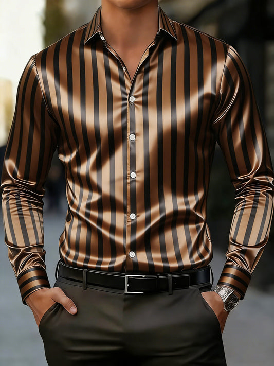 Men's Business Style Stripe Printed Satin Shirt