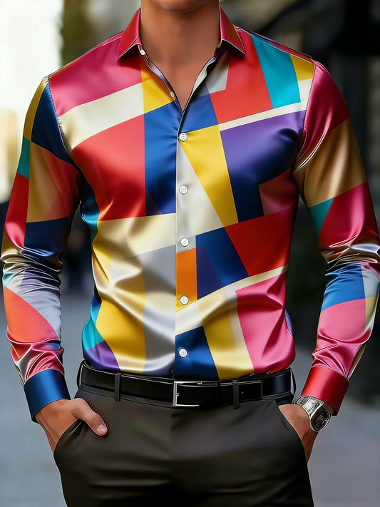Men's Business Style Geometric Printed Satin Shirt