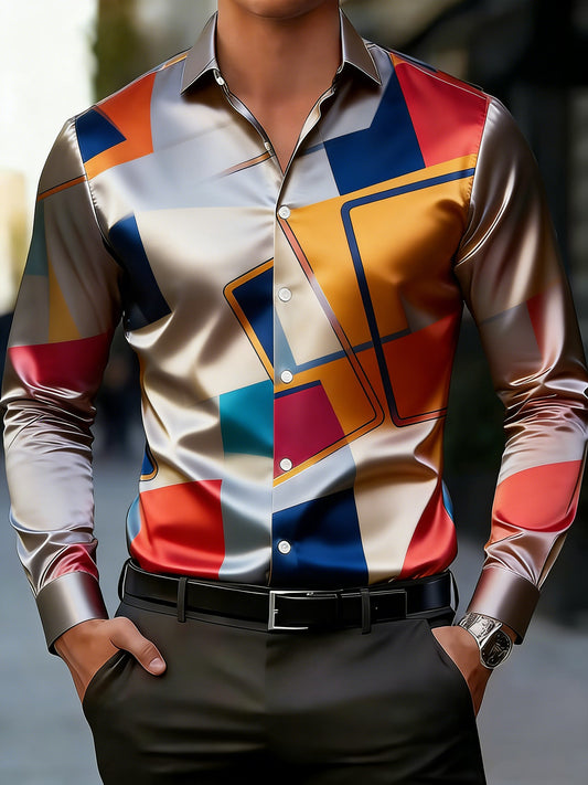 Men's Business Style Geometric Printed Satin Shirt