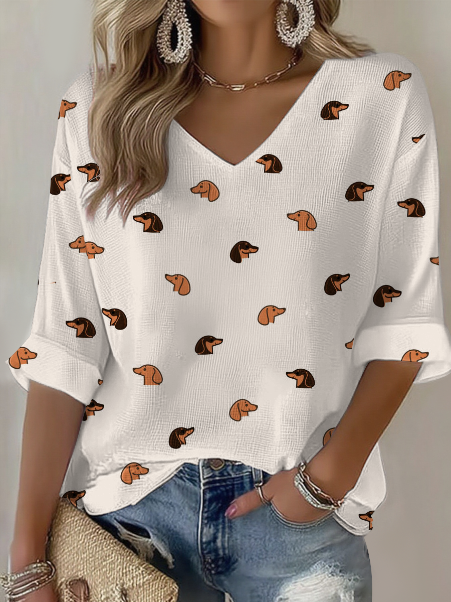 Women's Cute Dachshund Weiner Dog Printed Waffle T-shirt