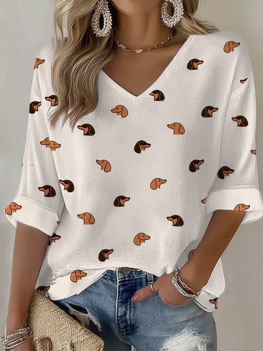 Women's Cute Dachshund Weiner Dog Printed Waffle T-shirt