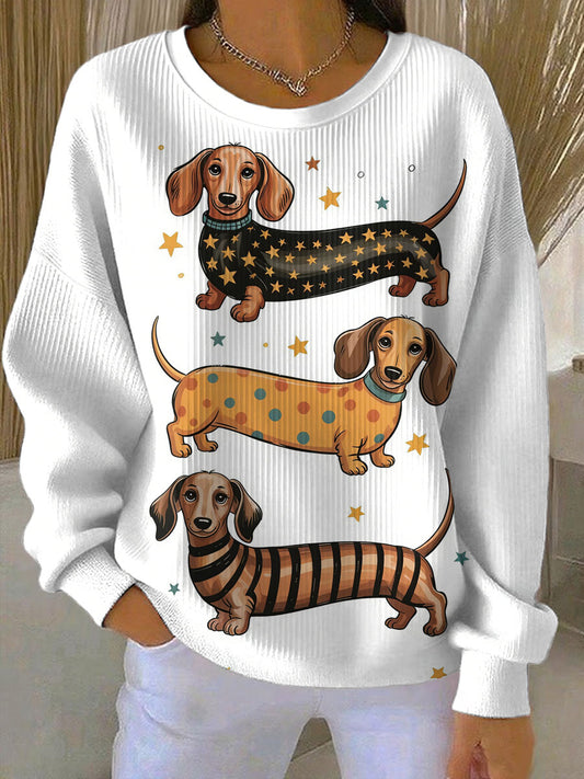 Women's Cute Dachshund Weiner Dog Printed Ribbed Round-Neck Sweatshirt