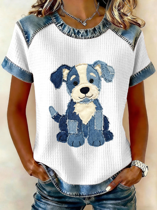 Women's Lovely Dog Pattern Patchwork Art Top