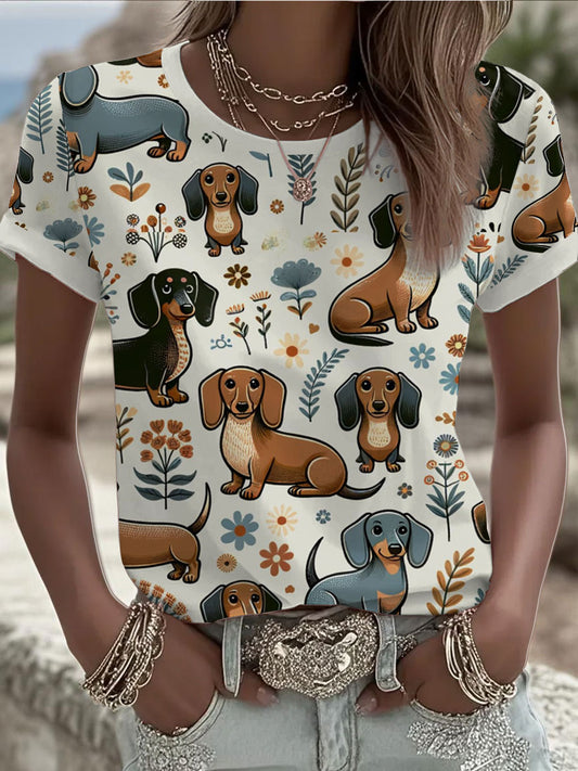 Women's Cute Dachshund Weiner Dog Printed short-sleeved T-shirt