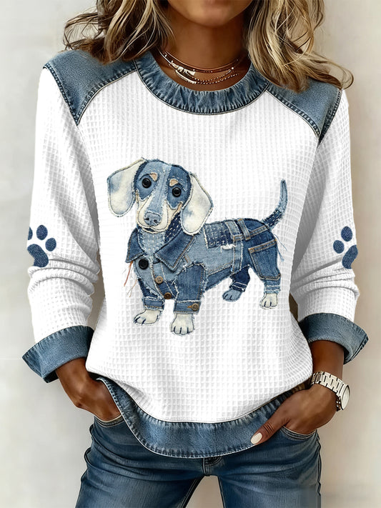 Women's Lovely Dachshund Pattern Denim Patchwork Art Sweatshirt