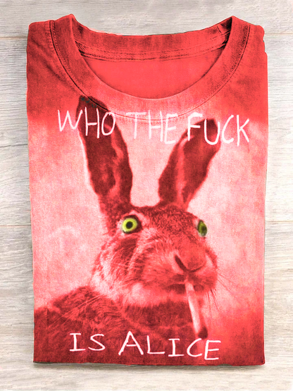 Funny Cute Bunny Smoking Print Casual Short Sleeve T-Shirt