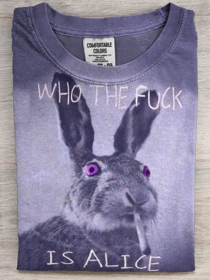 Funny Text Bunny Smoking Print Casual Short Sleeve T-Shirt