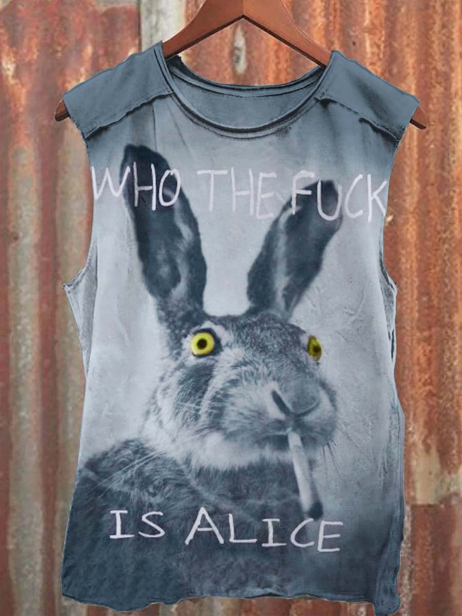 Fun Cute Bunny Smoking Print Casual Tank Top