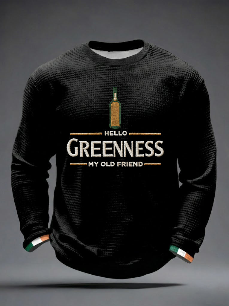 Men's Hello Greenness My Old Friend Irish Jameson Whiskey Printed Waffle Long Sleeve Sweatshirt