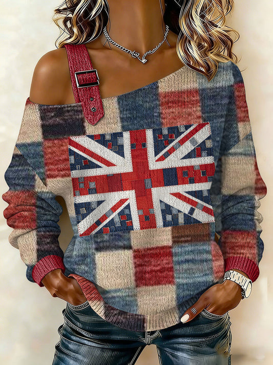 Women's Union Jack patchwork print Vintage Cat Patchwork Print Casual Off-Shoulder Sweatshirt