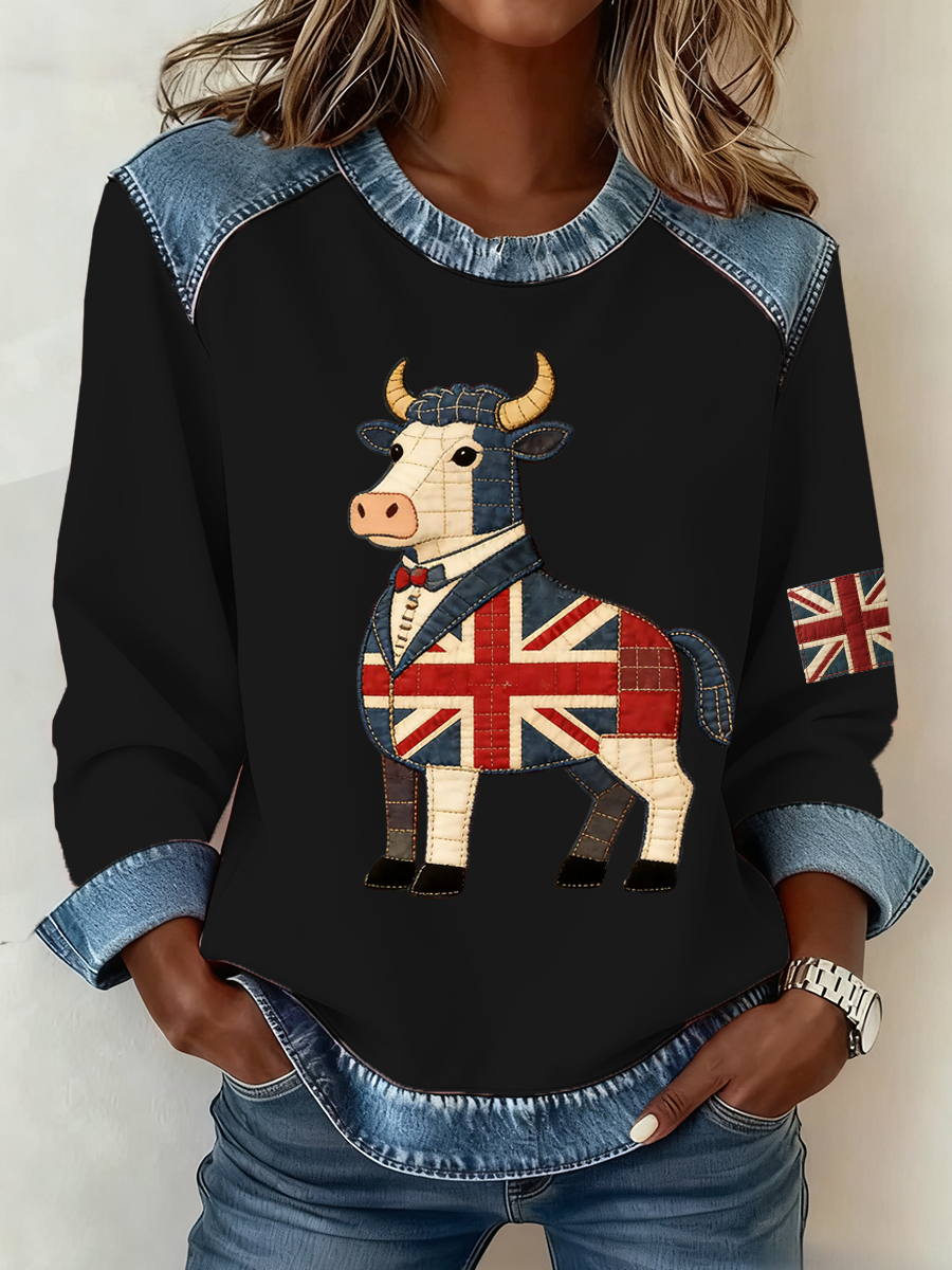 Women's British John Bull print Denim Patchwork Top