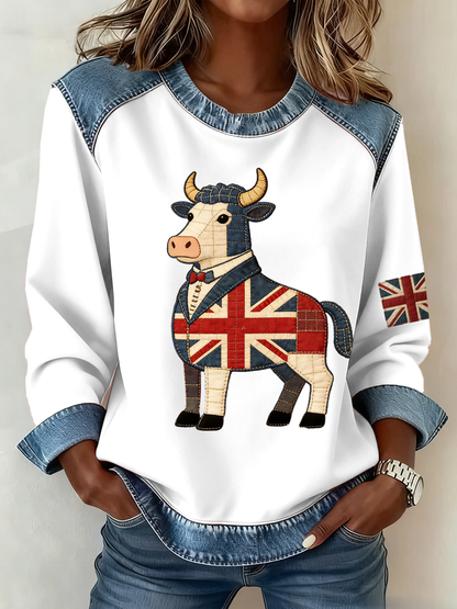 Women's British John Bull print Denim Patchwork Top