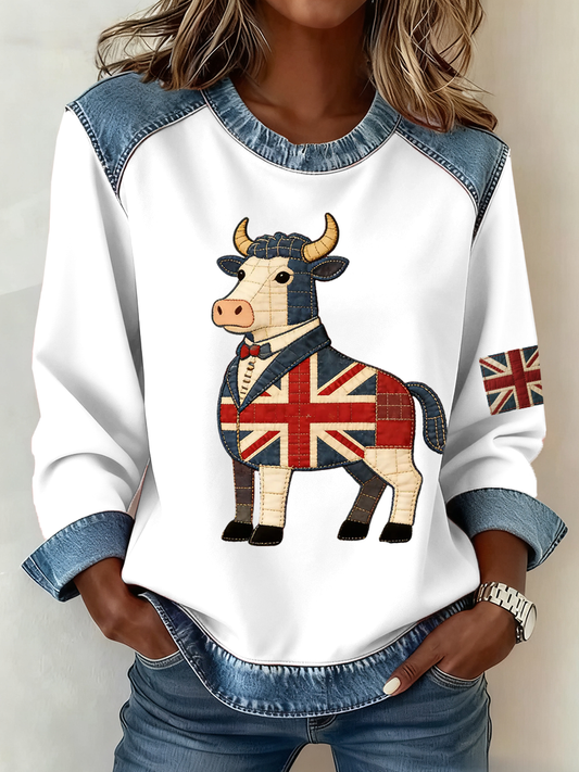 Women's British John Bull print Denim Patchwork Top