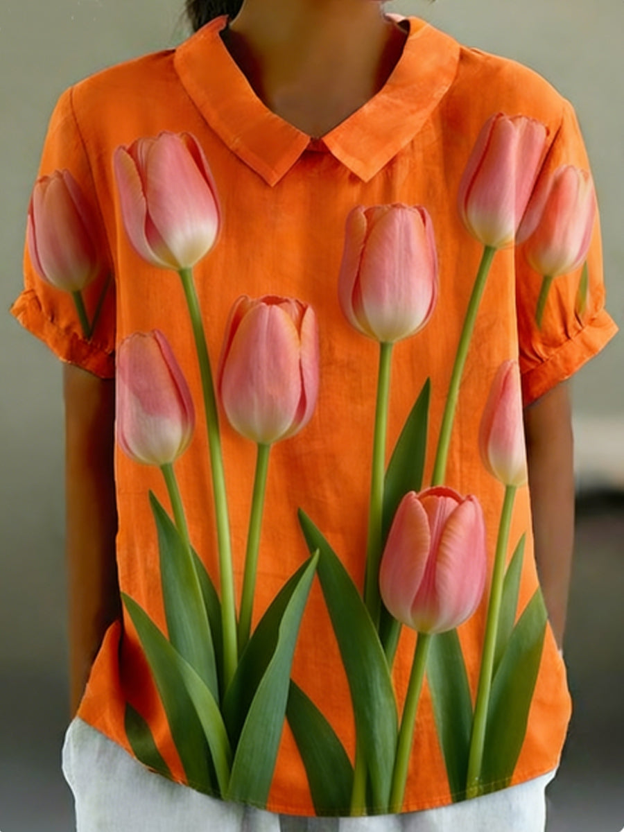 Women's  Floral Print Cotton and Linen Short Sleeve Shirt