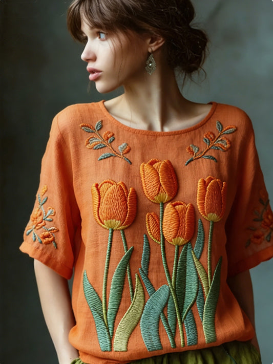 Women's  Embroidered Flowy Linen Casual Shirt