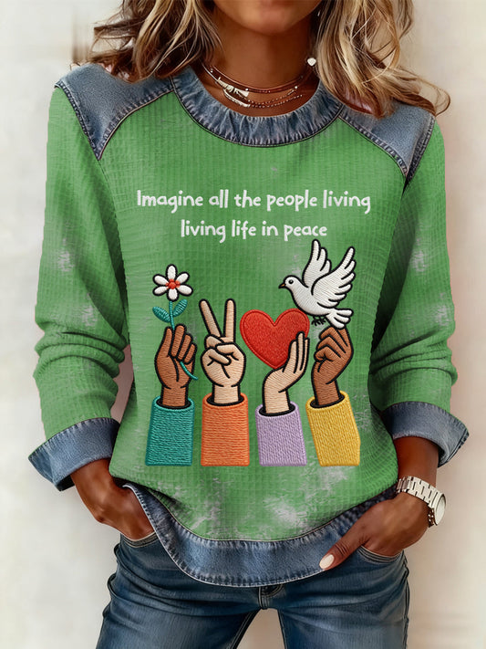 Women's Imagine All The People Living Life In Peace Print Denim Patchwork Top