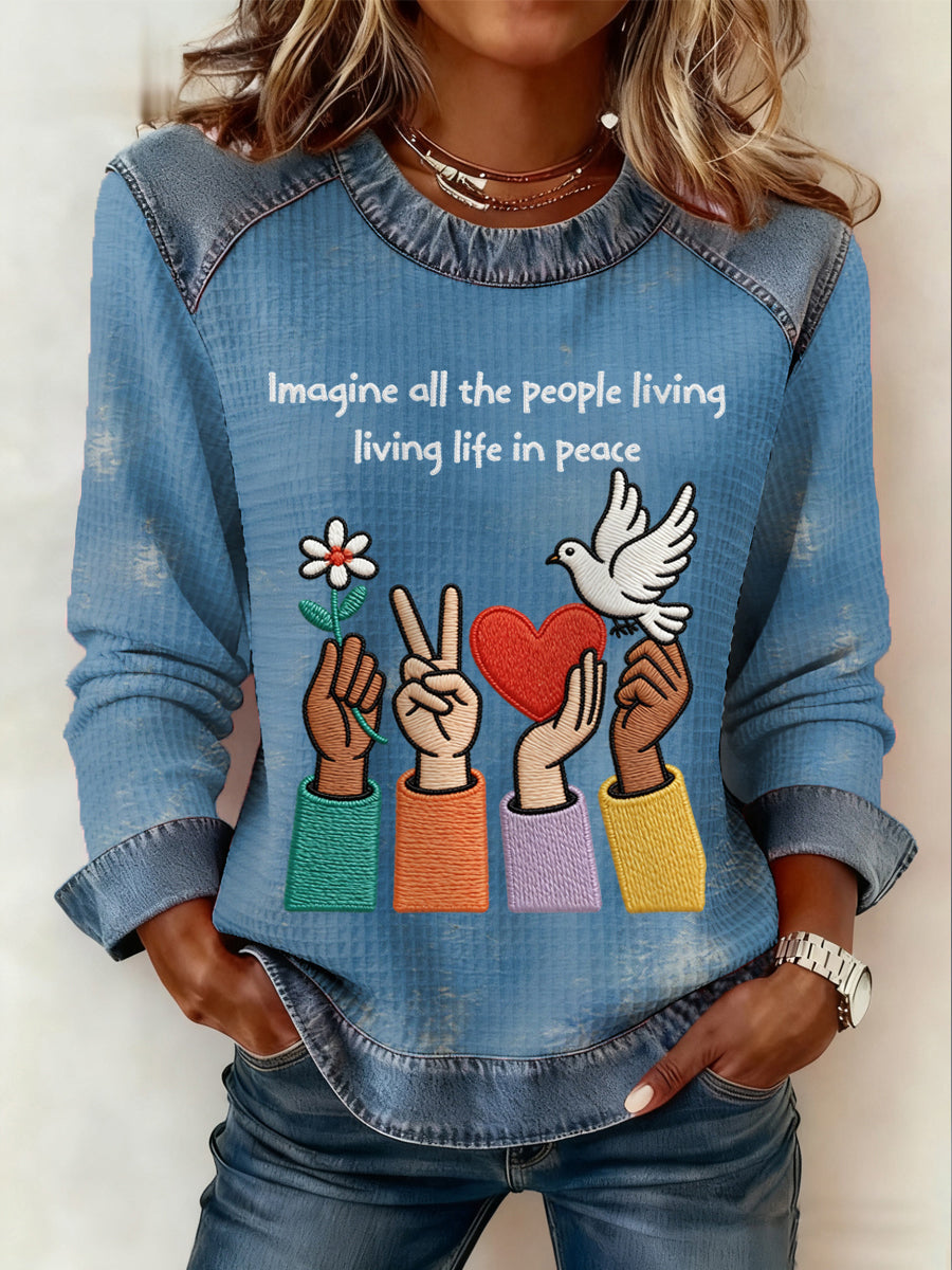 Women's Imagine All The People Living Life In Peace Print Denim Patchwork Top