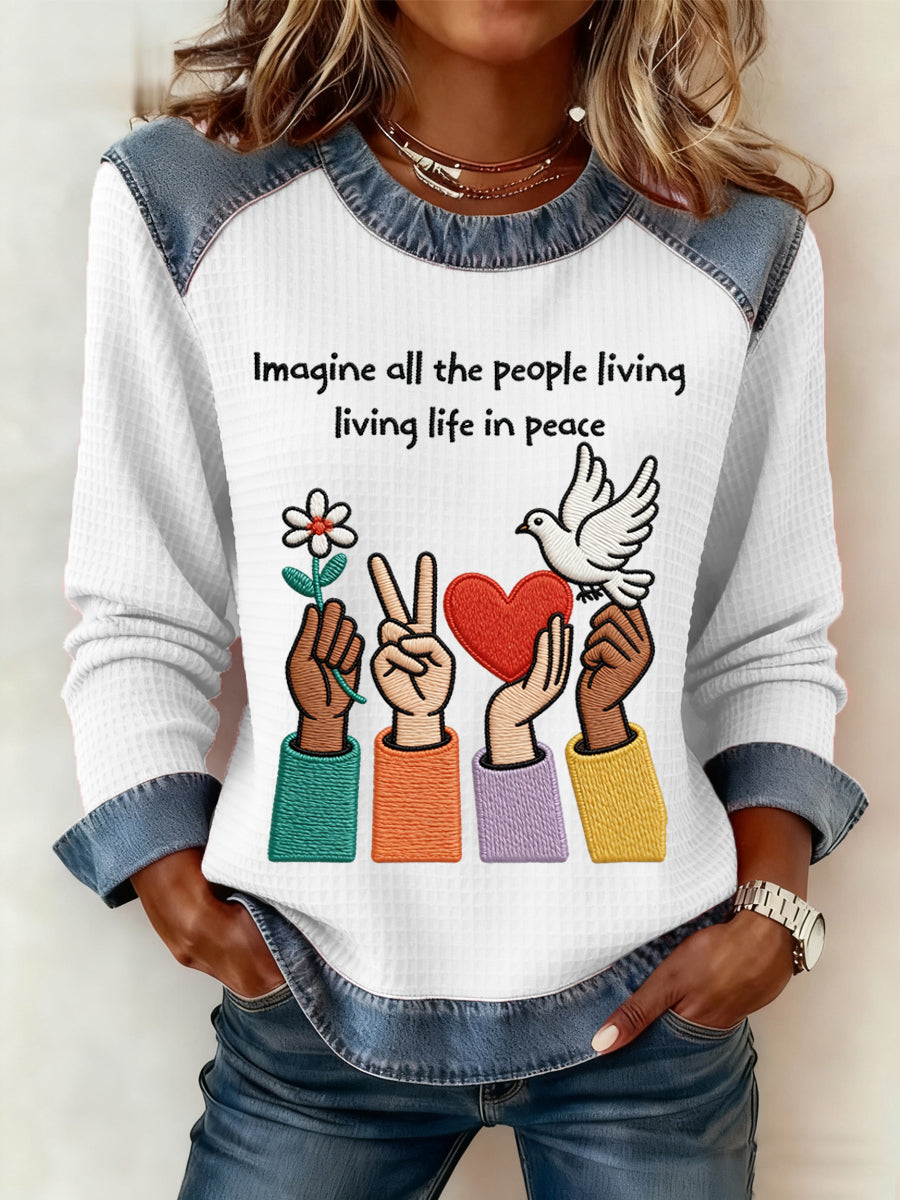 Women's Imagine All The People Living Life In Peace Print Denim Patchwork Top
