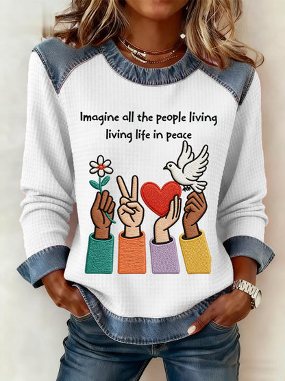 Women's Imagine All The People Living Life In Peace Print Denim Patchwork Top