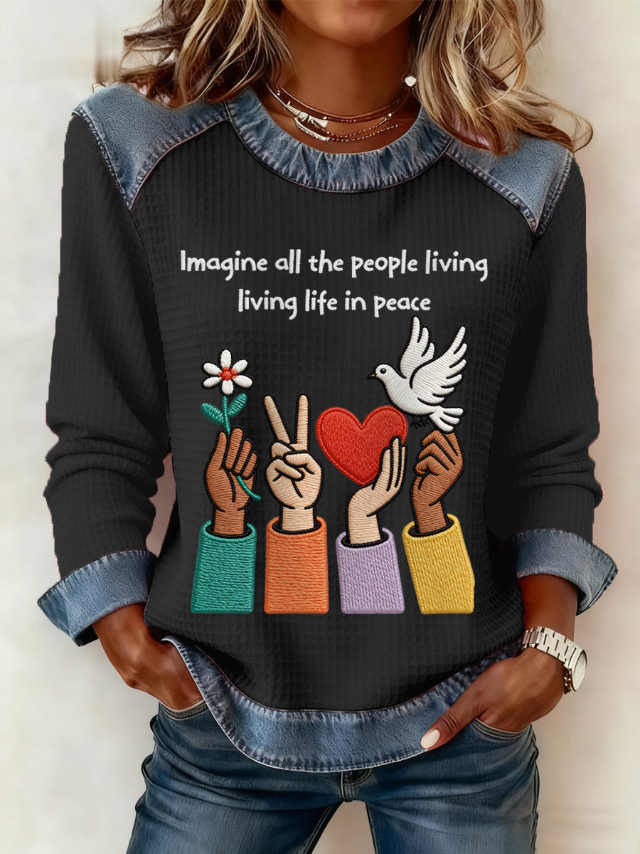 Women's Imagine All The People Living Life In Peace Print Denim Patchwork Top