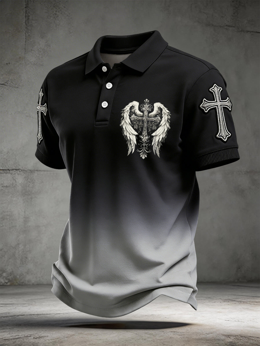 Retro Faith Cross Gradient Casual Polo Shirt