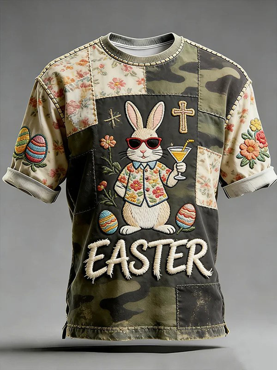 Men's Easter Eggs Rabbit Camo Patchwork Print Casual T-Shirt
