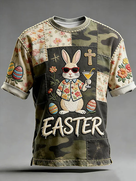 Men's Easter Eggs Rabbit Camo Patchwork Print Casual T-Shirt