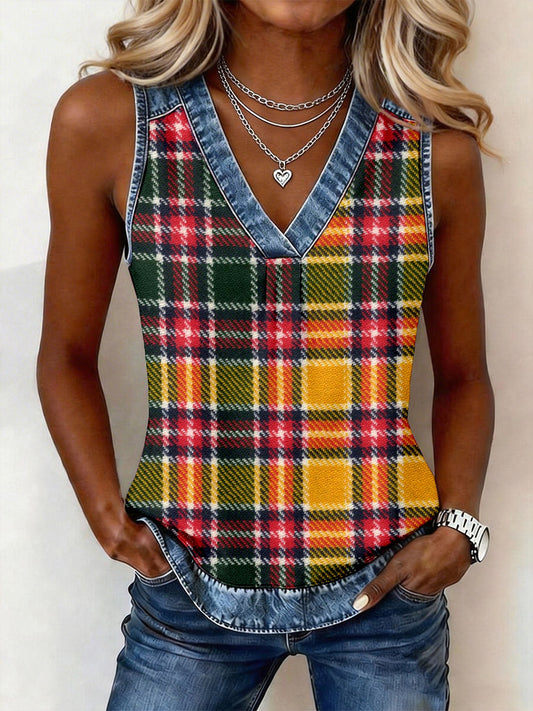 Women's Classic Plaid Pattern Denim Patchwork Top