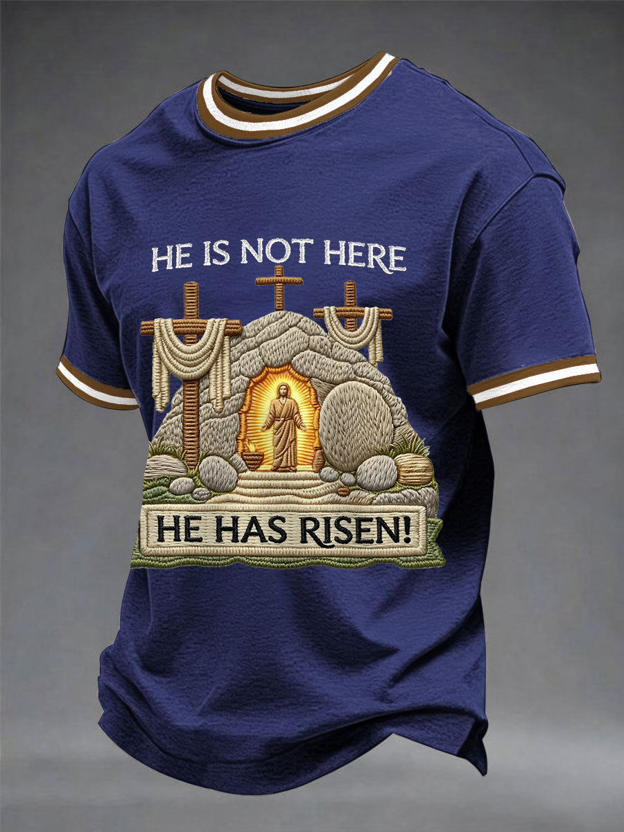 Men's He Is Not Here He Has Risen Easter Jesus Christian Cross Print Casual Tee